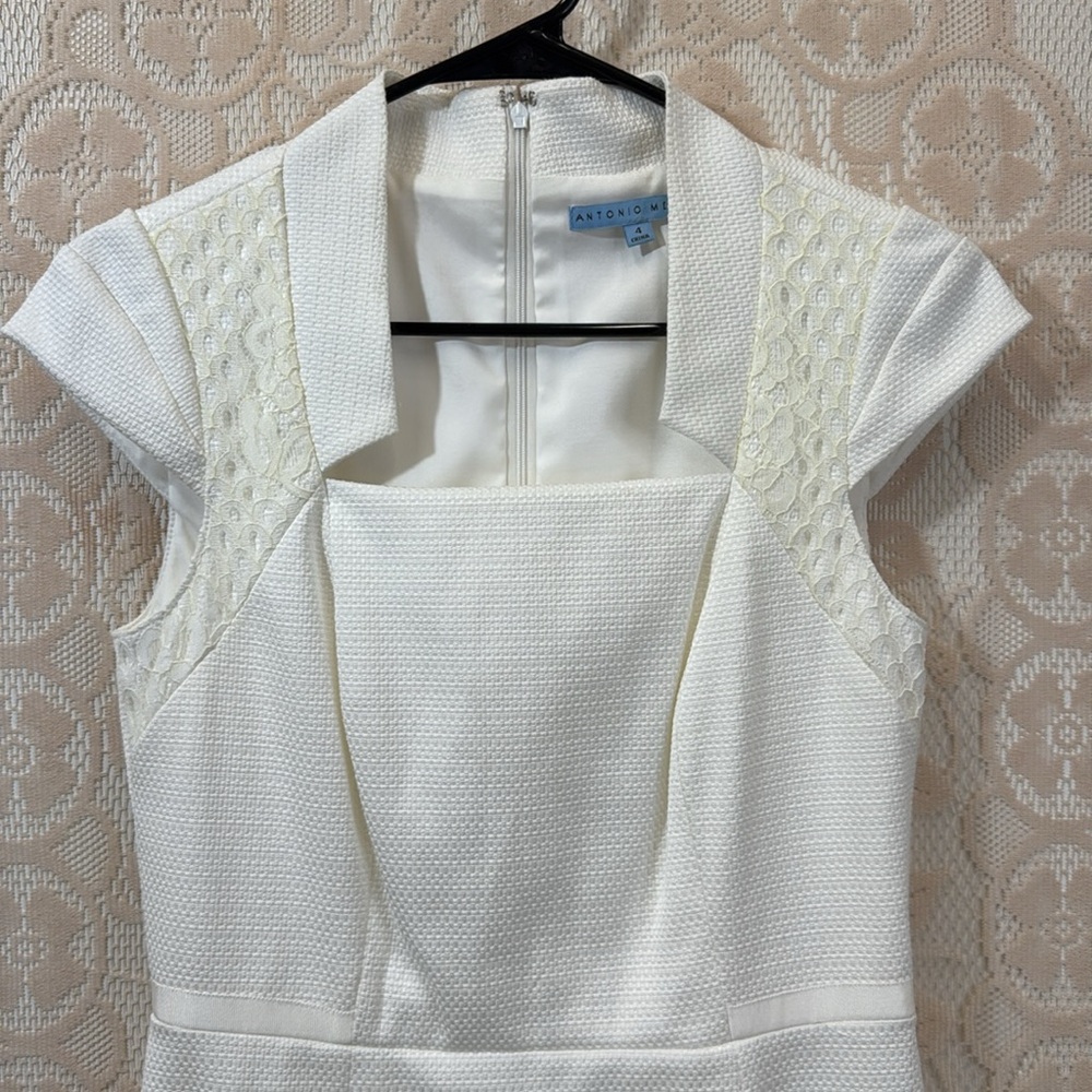 Antonio Melani White Textured Sheath Dress with Ivory Lace sizeโ 4 - Picture 2 of 6